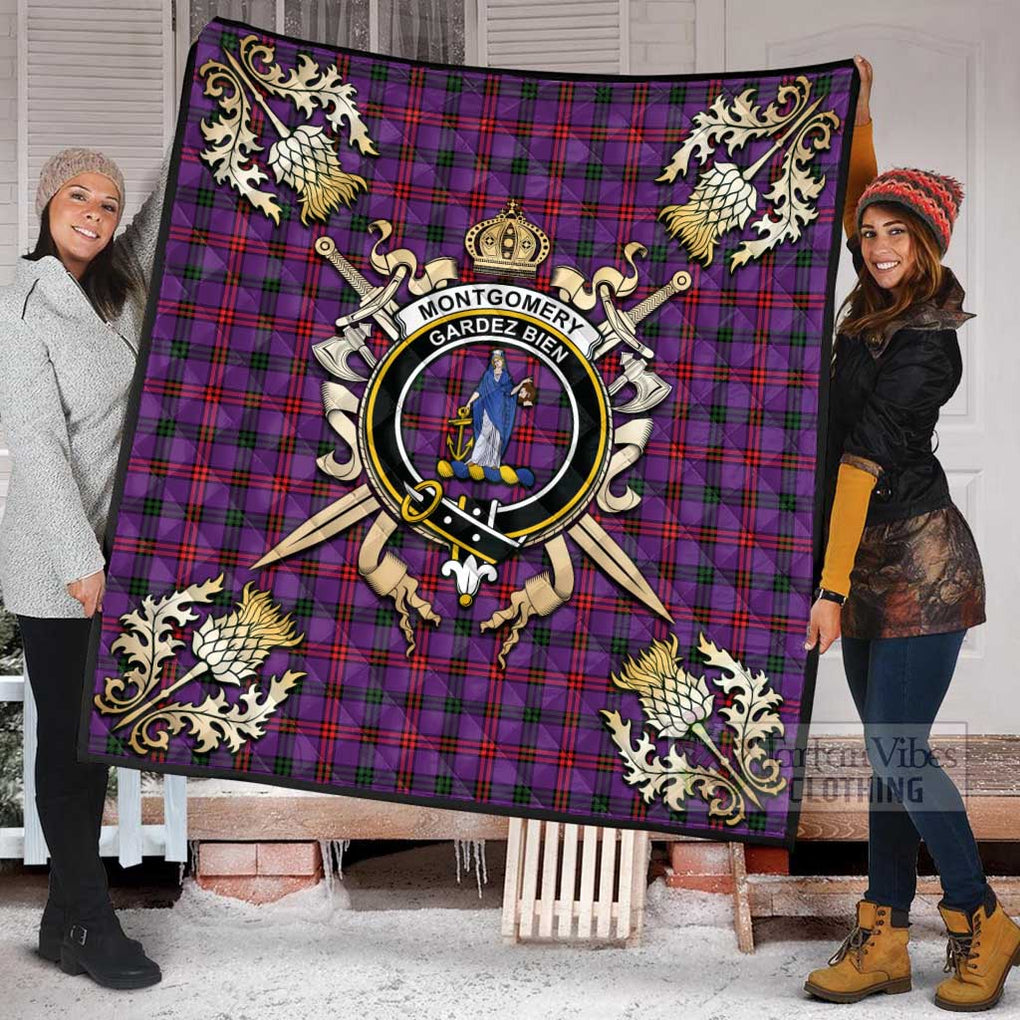 Tartan Vibes Clothing Montgomery Tartan Quilt with Family Crest and Scottish Golden Courage Shield