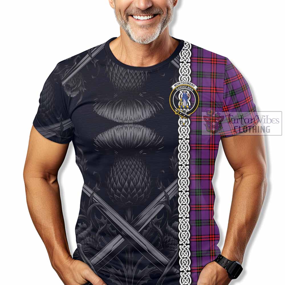 Tartan Vibes Clothing Montgomery Tartan T-Shirt with Family Crest Cross Sword Thistle Celtic Vibes