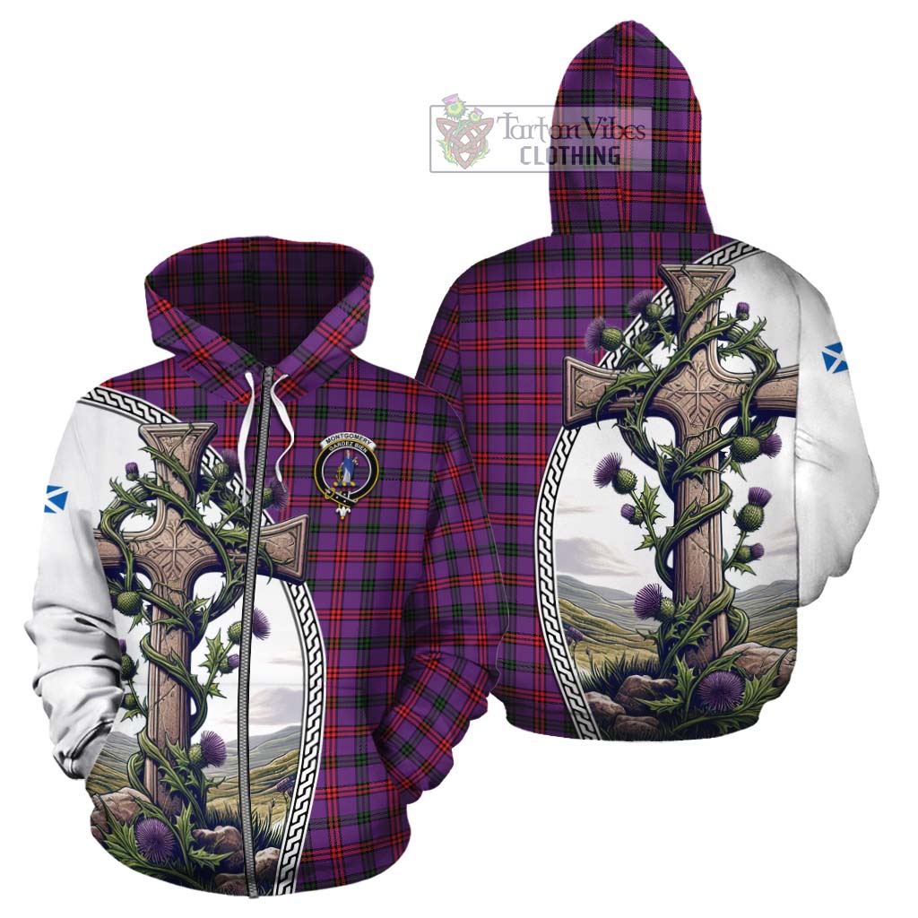 Tartan Vibes Clothing Montgomery Tartan Cotton Hoodie with Family Crest and St. Andrew's Cross Accented by Thistle Vines