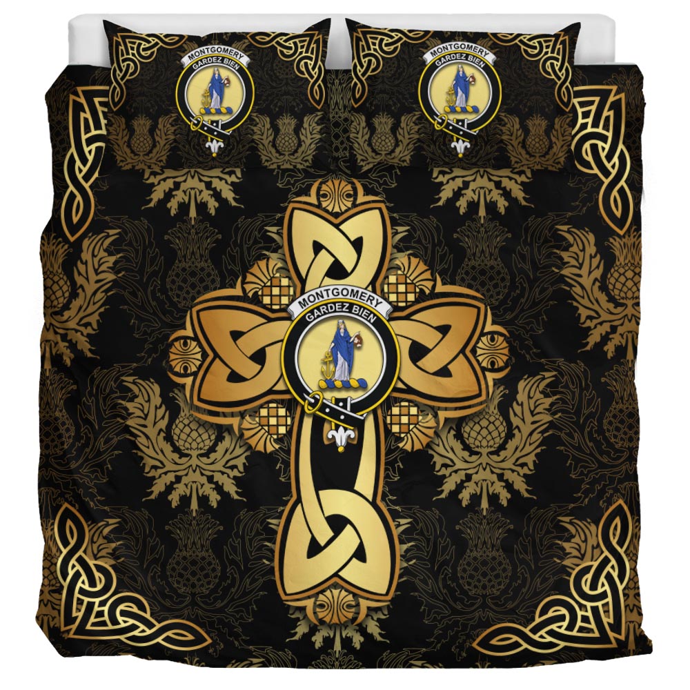 Montgomery Clan Bedding Sets Gold Thistle Celtic Style - Tartanvibesclothing