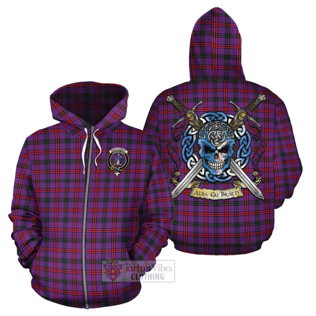 Tartan Vibes Clothing Montgomery Tartan Cotton Hoodie with Family Crest Celtic Skull Style