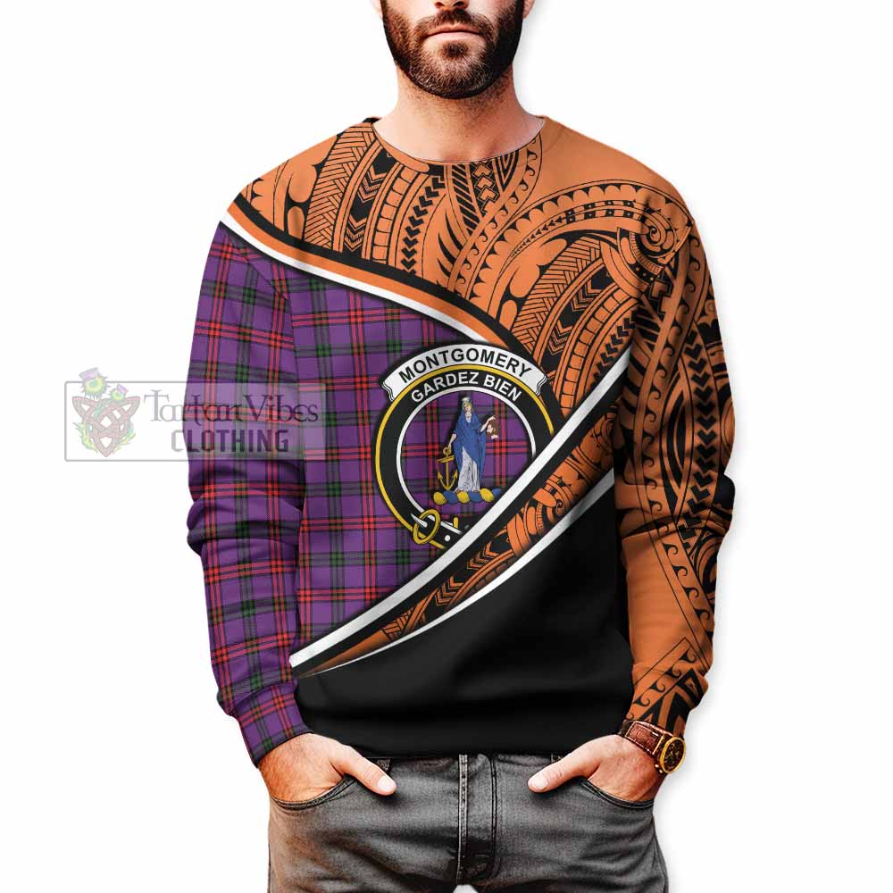 Tartan Vibes Clothing Montgomery Crest Tartan Sweatshirt with Maori Tattoo Style - Orange Version