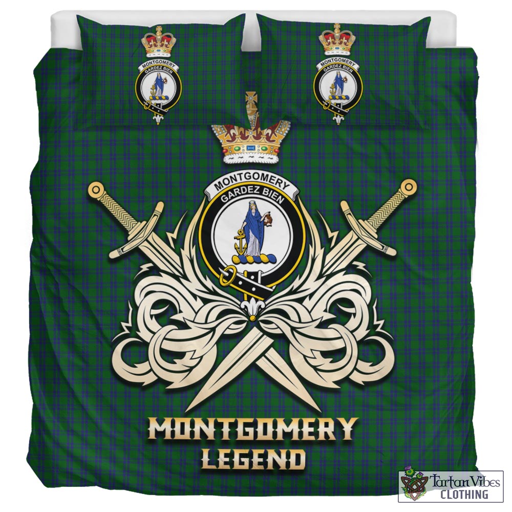 Tartan Vibes Clothing Montgomery Tartan Bedding Set with Clan Crest and the Golden Sword of Courageous Legacy