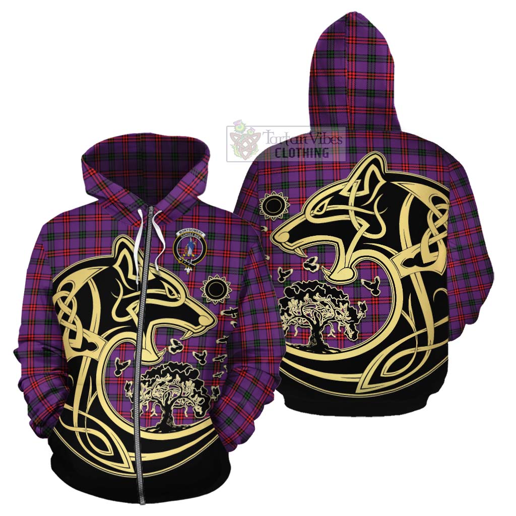 Tartan Vibes Clothing Montgomery Tartan Cotton Hoodie with Family Crest Celtic Wolf Style