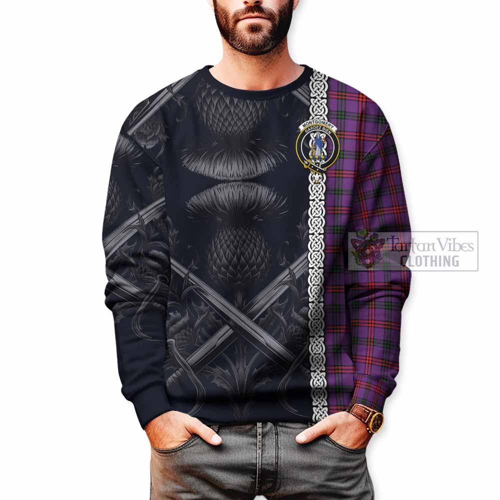 Tartan Vibes Clothing Montgomery Tartan Sweatshirt with Family Crest Cross Sword Thistle Celtic Vibes