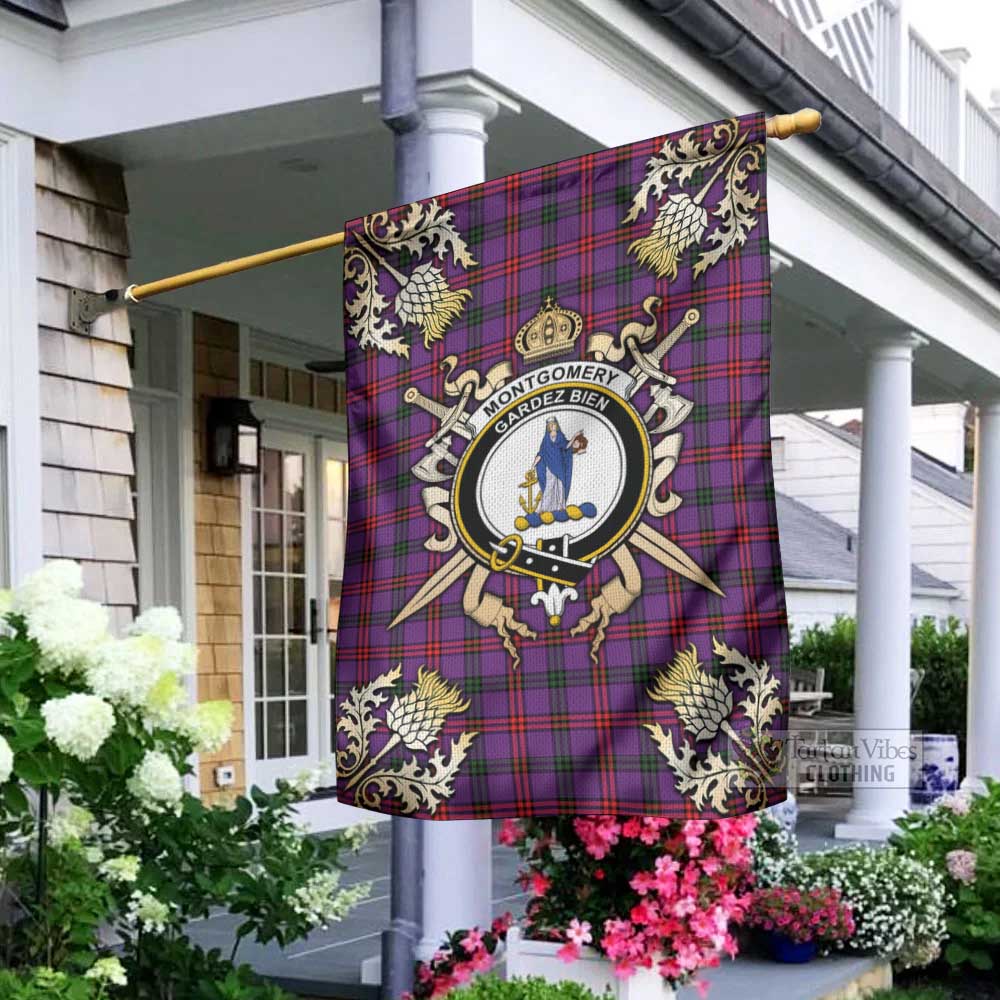 Tartan Vibes Clothing Montgomery Tartan Flag with Family Crest and Golden Thistle Crossed Sword Design