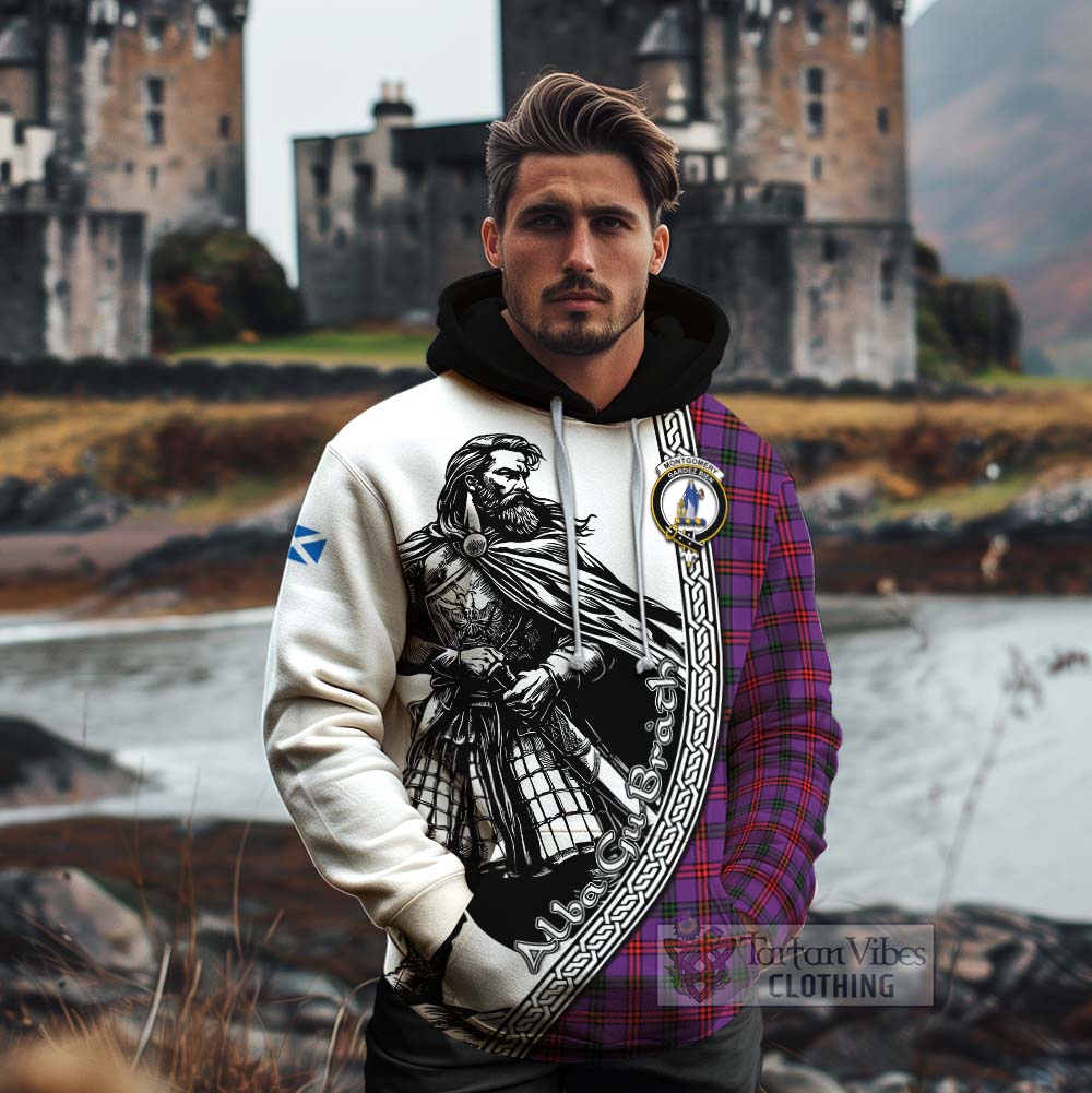 Tartan Vibes Clothing Montgomery Tartan Clan Crest Cotton Hoodie with Highlander Warrior Celtic Style