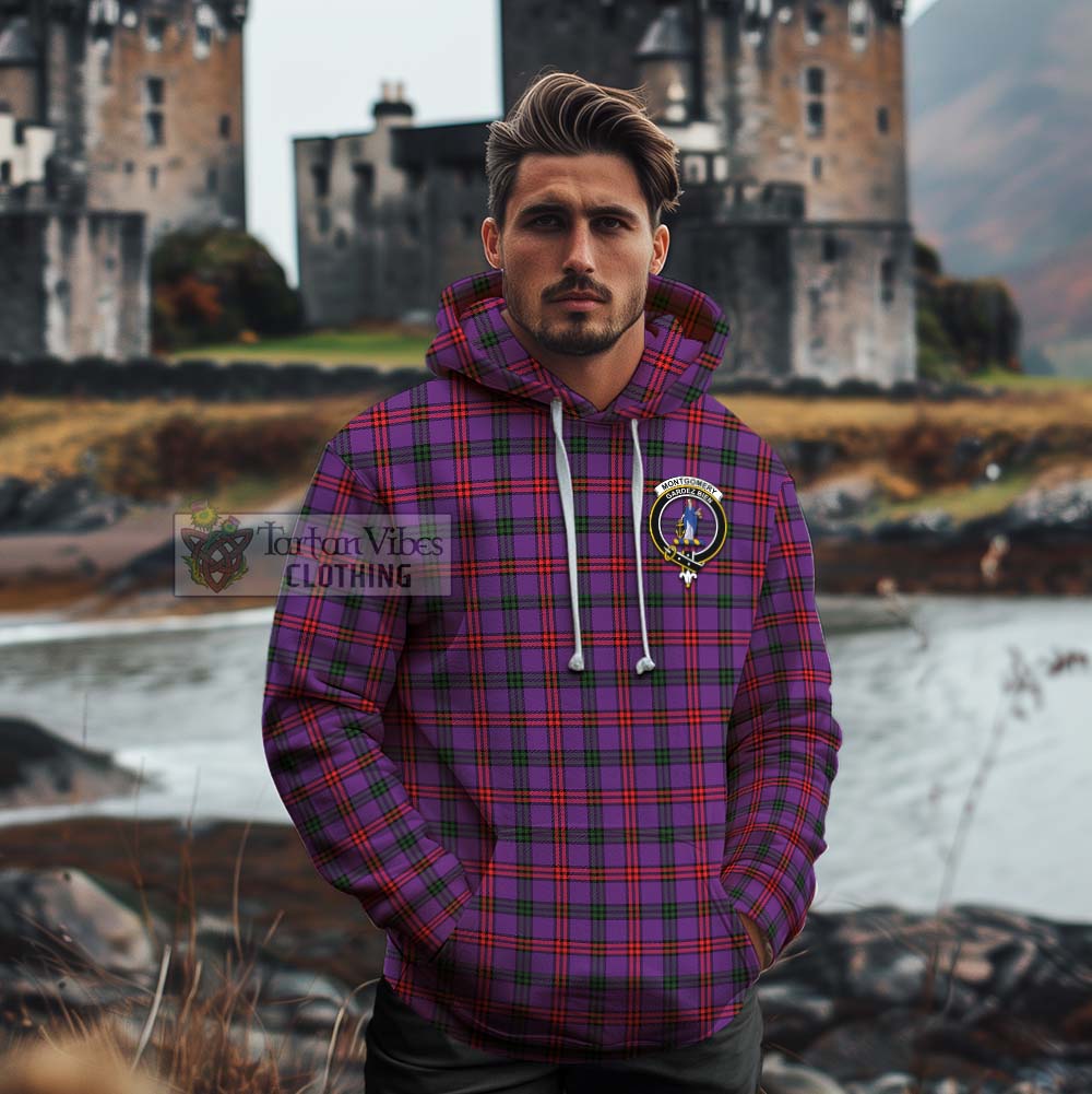 Tartan Vibes Clothing Montgomery Tartan Cotton Hoodie with Family Crest and Bearded Skull Holding Bottles of Whiskey