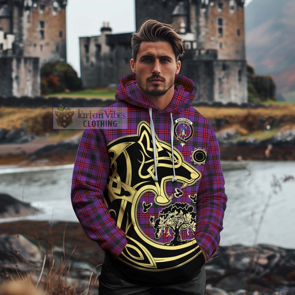 Tartan Vibes Clothing Montgomery Tartan Cotton Hoodie with Family Crest Celtic Wolf Style