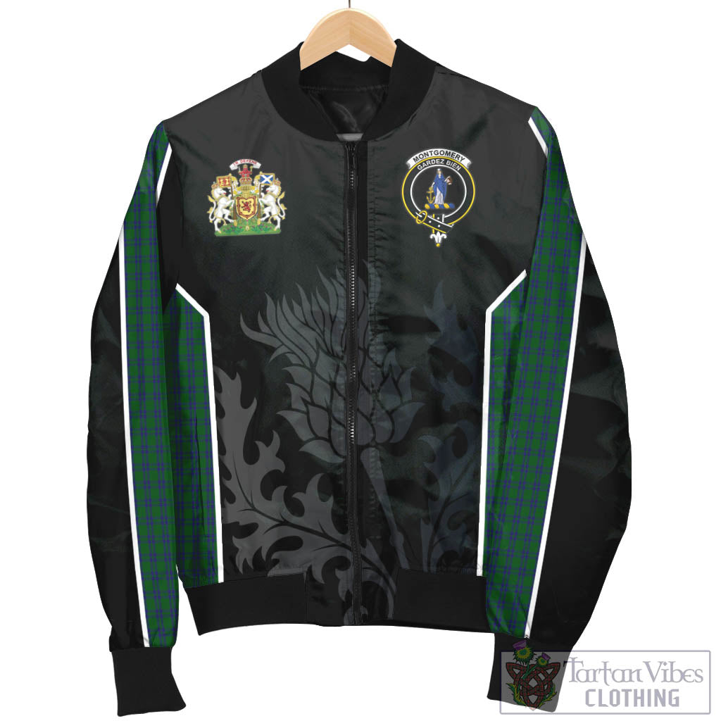 Tartan Vibes Clothing Montgomery Tartan Bomber Jacket with Family Crest and Scottish Thistle Vibes Sport Style