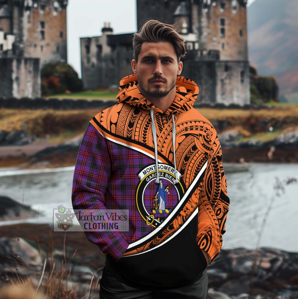 Tartan Vibes Clothing Montgomery Crest Tartan Cotton Hoodie with Maori Tattoo Style - Orange Version