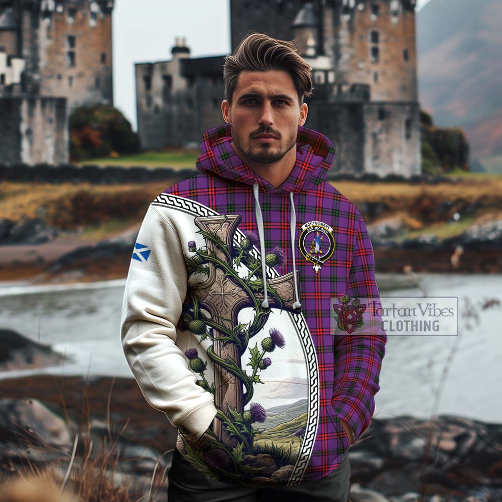 Tartan Vibes Clothing Montgomery Tartan Cotton Hoodie with Family Crest and St. Andrew's Cross Accented by Thistle Vines