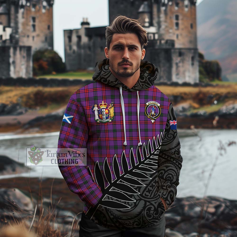 Tartan Vibes Clothing Montgomery Crest Tartan Cotton Hoodie with New Zealand Silver Fern Half Style