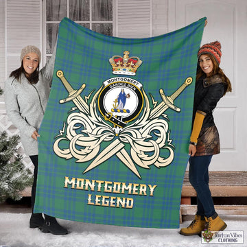 Montgomery Ancient Tartan Blanket with Clan Crest and the Golden Sword of Courageous Legacy