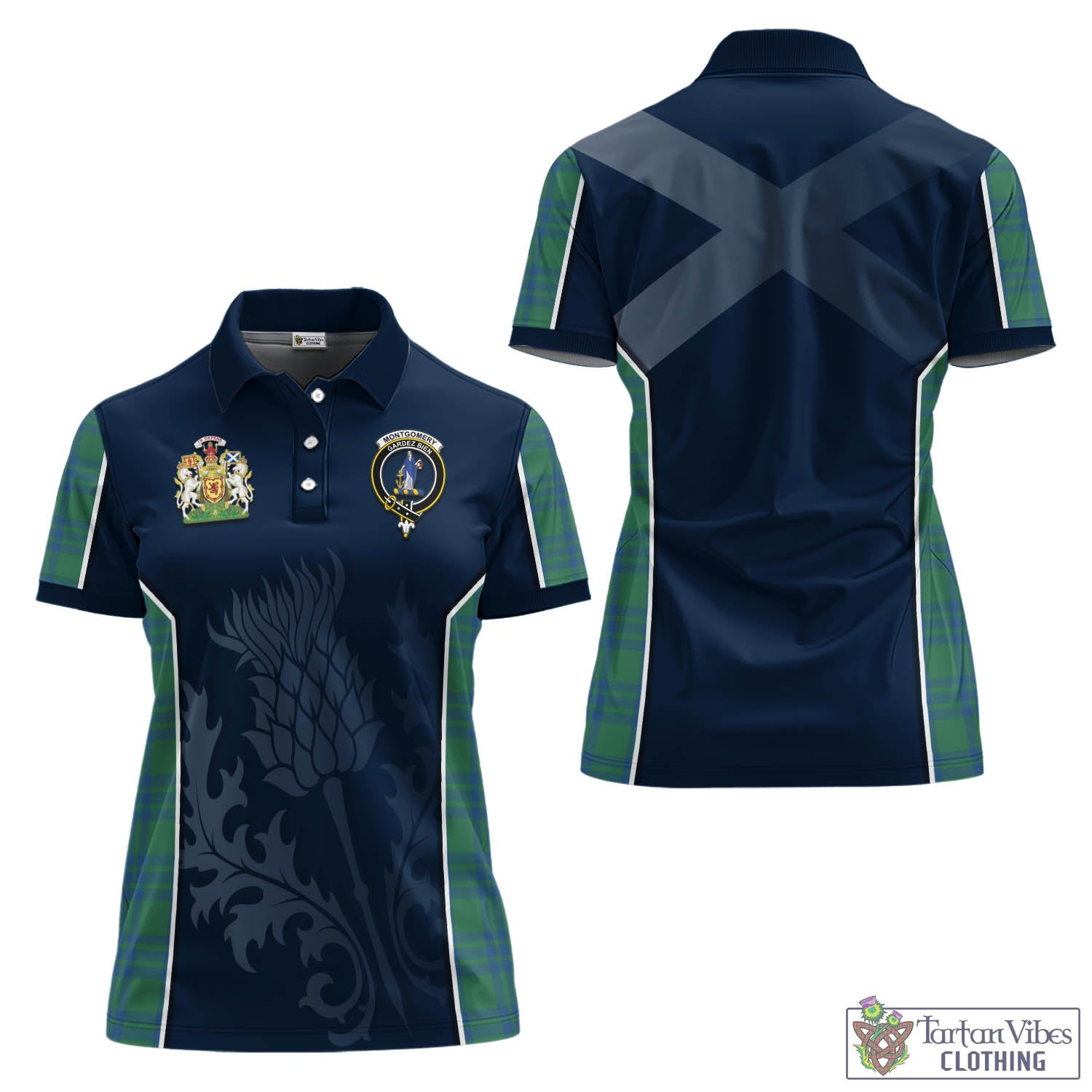 Tartan Vibes Clothing Montgomery Ancient Tartan Women's Polo Shirt with Family Crest and Scottish Thistle Vibes Sport Style