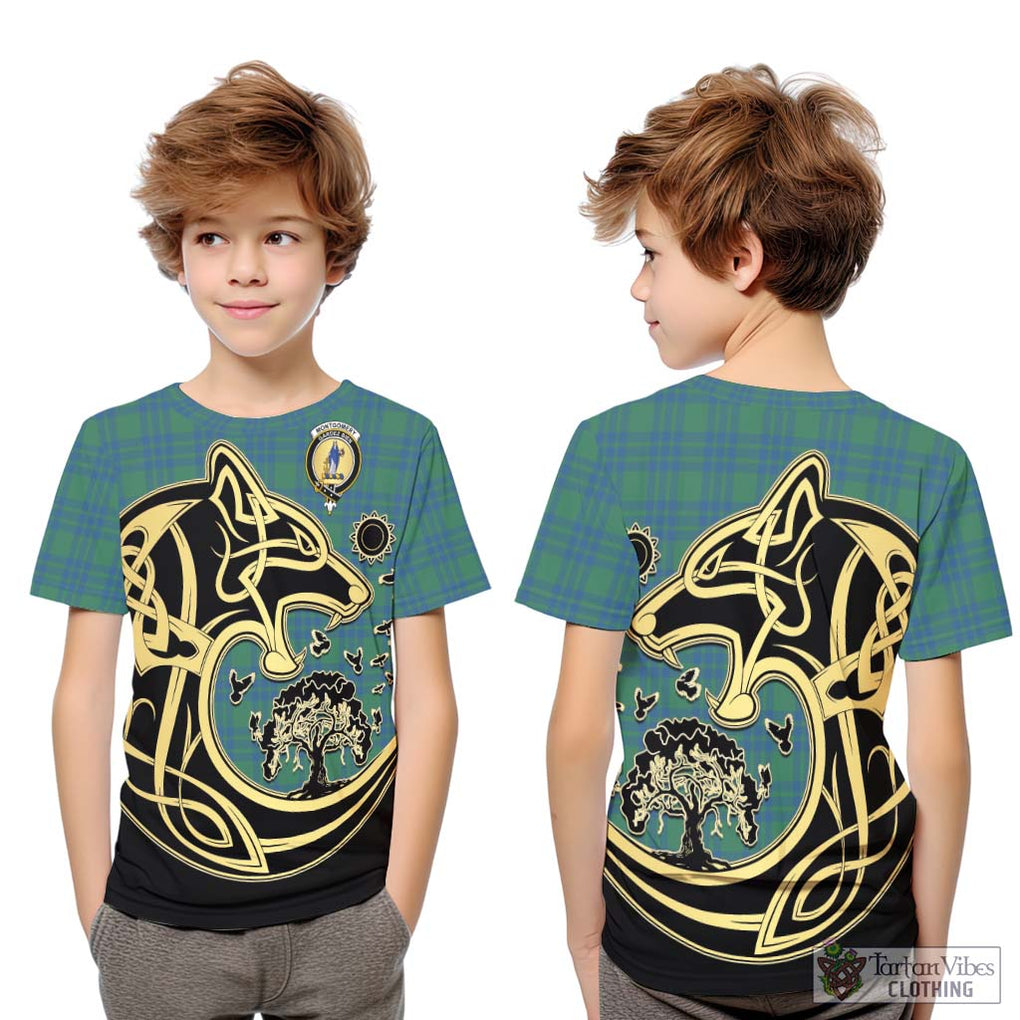 Montgomery Ancient Tartan Kid T-Shirt with Family Crest Celtic Wolf Style Youth XL Size14 - Tartan Vibes Clothing