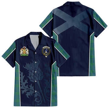 Montgomery Ancient Tartan Short Sleeve Button Up Shirt with Family Crest and Scottish Thistle Vibes Sport Style