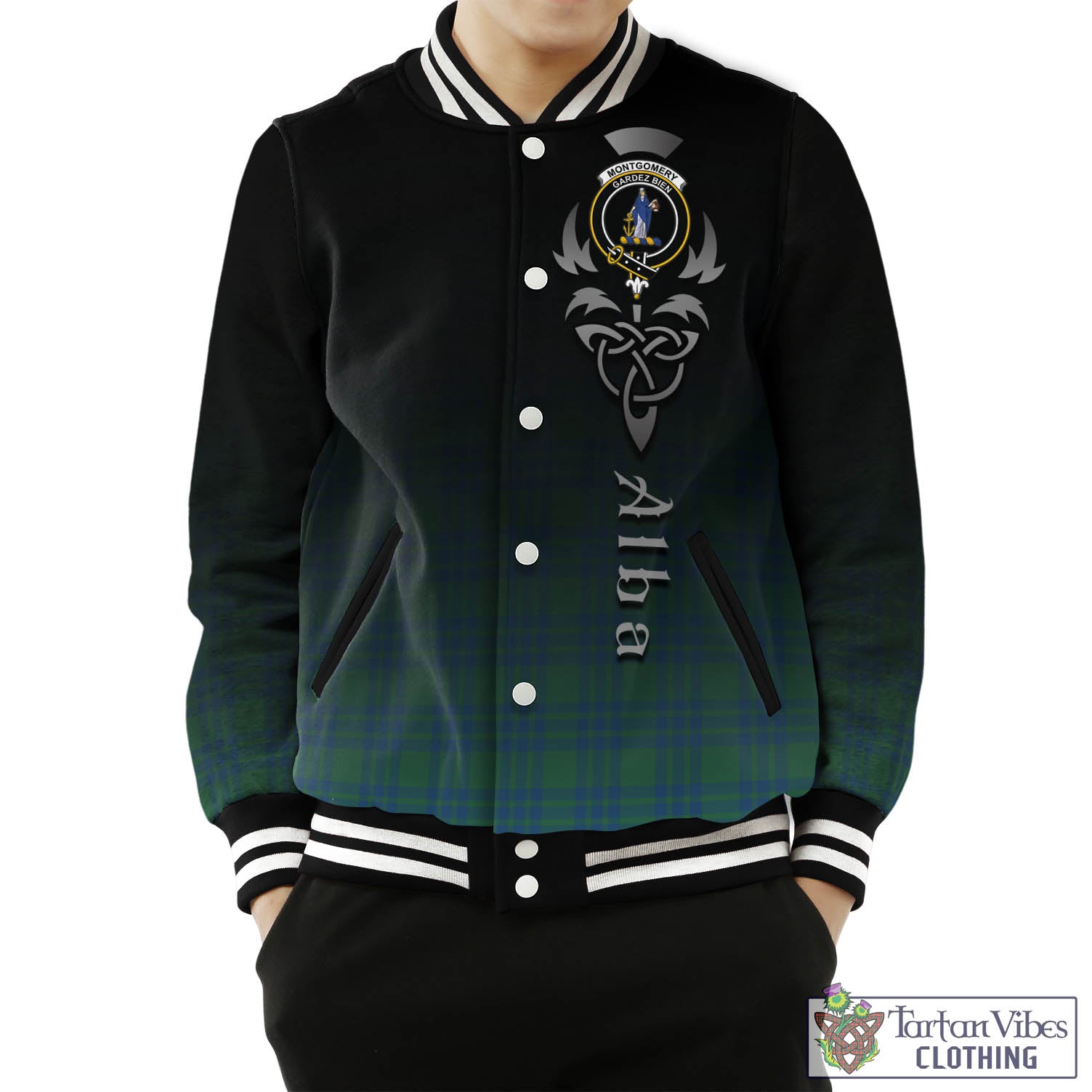 Tartan Vibes Clothing Montgomery Ancient Tartan Baseball Jacket Featuring Alba Gu Brath Family Crest Celtic Inspired