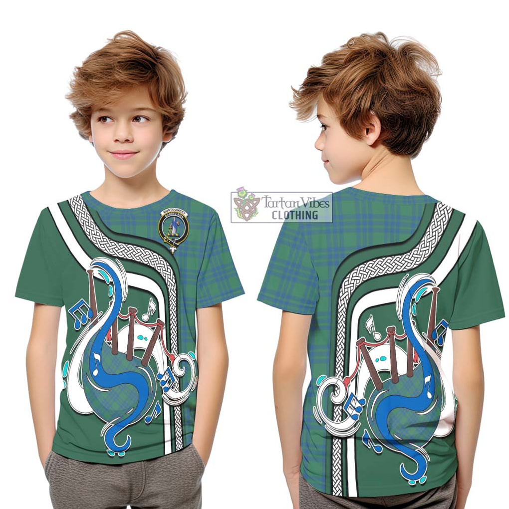 Tartan Vibes Clothing Montgomery Ancient Tartan Kid T-Shirt with Epic Bagpipe Style