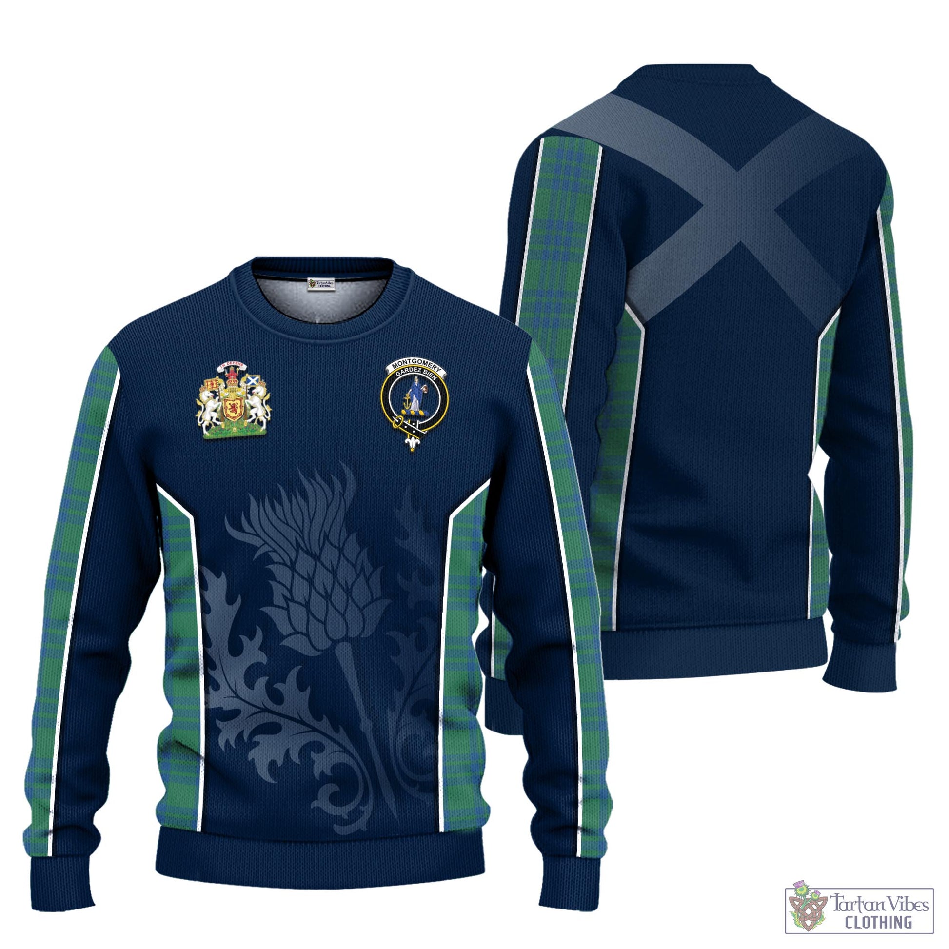 Tartan Vibes Clothing Montgomery Ancient Tartan Knitted Sweatshirt with Family Crest and Scottish Thistle Vibes Sport Style