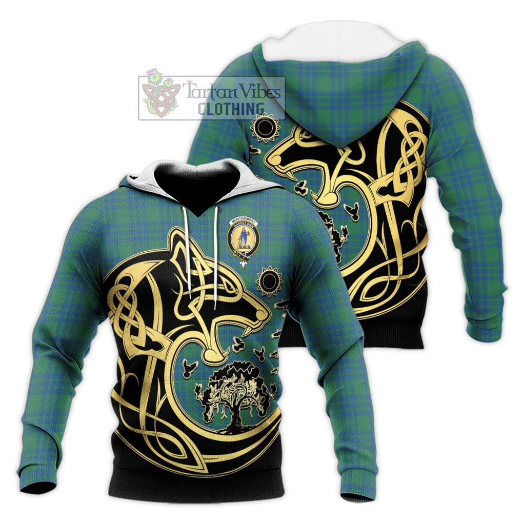 Montgomery Ancient Tartan Knitted Hoodie with Family Crest Celtic Wolf Style Unisex Knitted Pullover Hoodie - Tartan Vibes Clothing