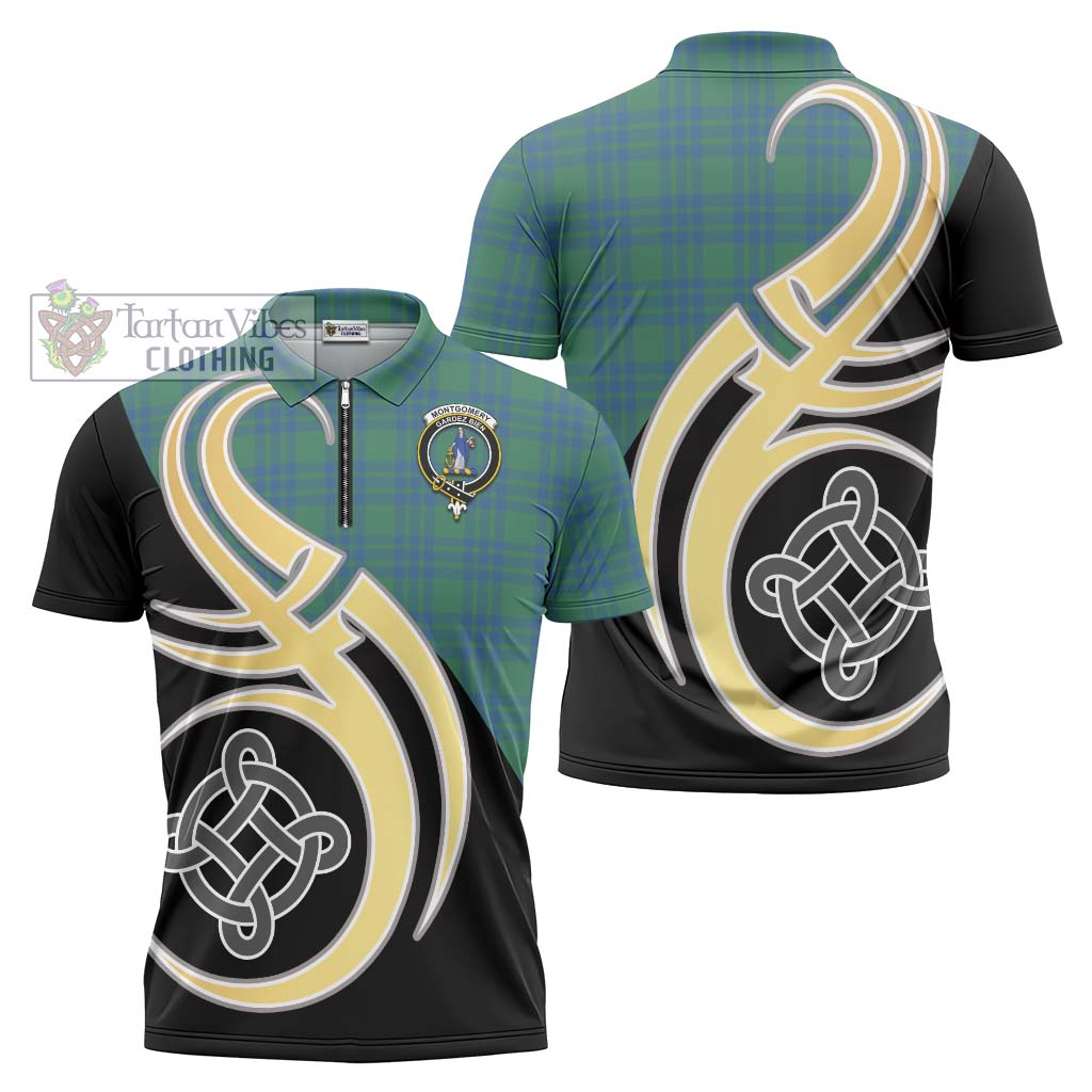 Tartan Vibes Clothing Montgomery Ancient Tartan Zipper Polo Shirt with Family Crest and Celtic Symbol Style