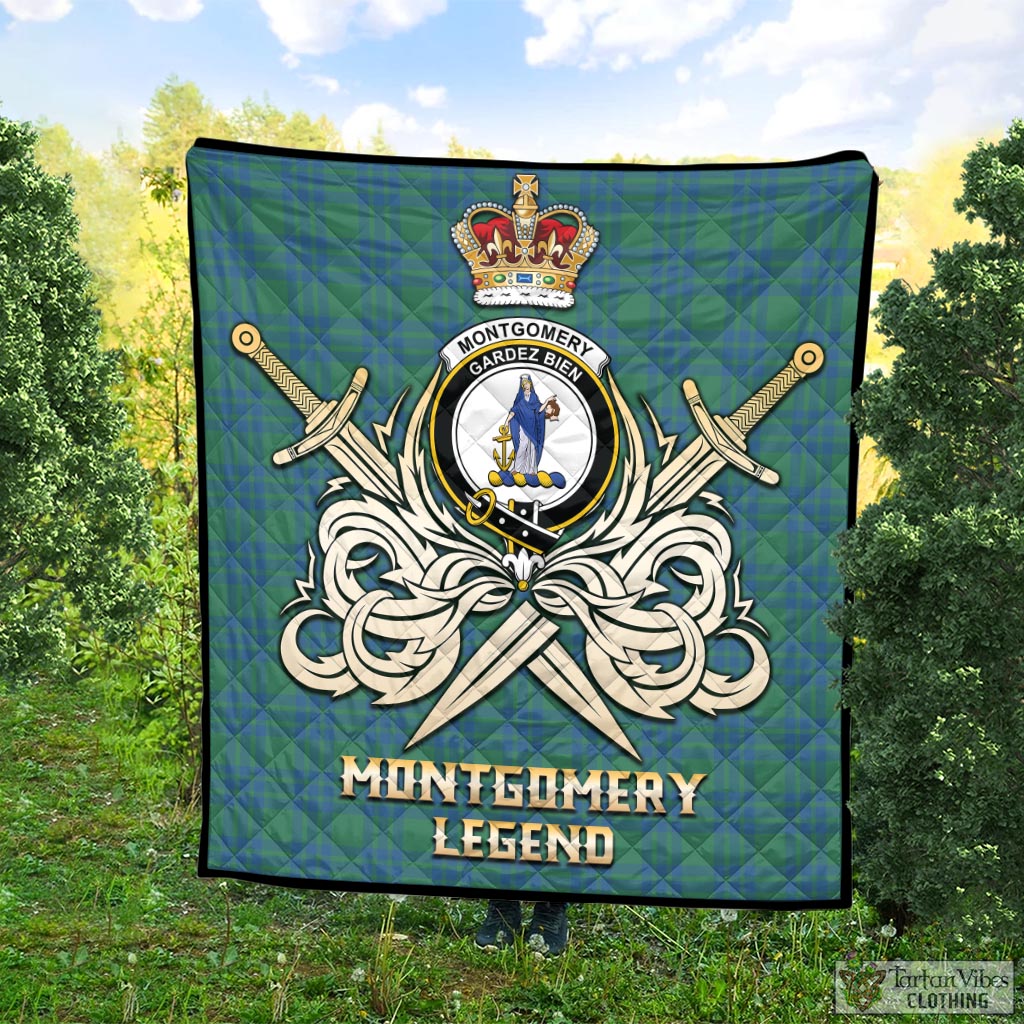 Tartan Vibes Clothing Montgomery Ancient Tartan Quilt with Clan Crest and the Golden Sword of Courageous Legacy