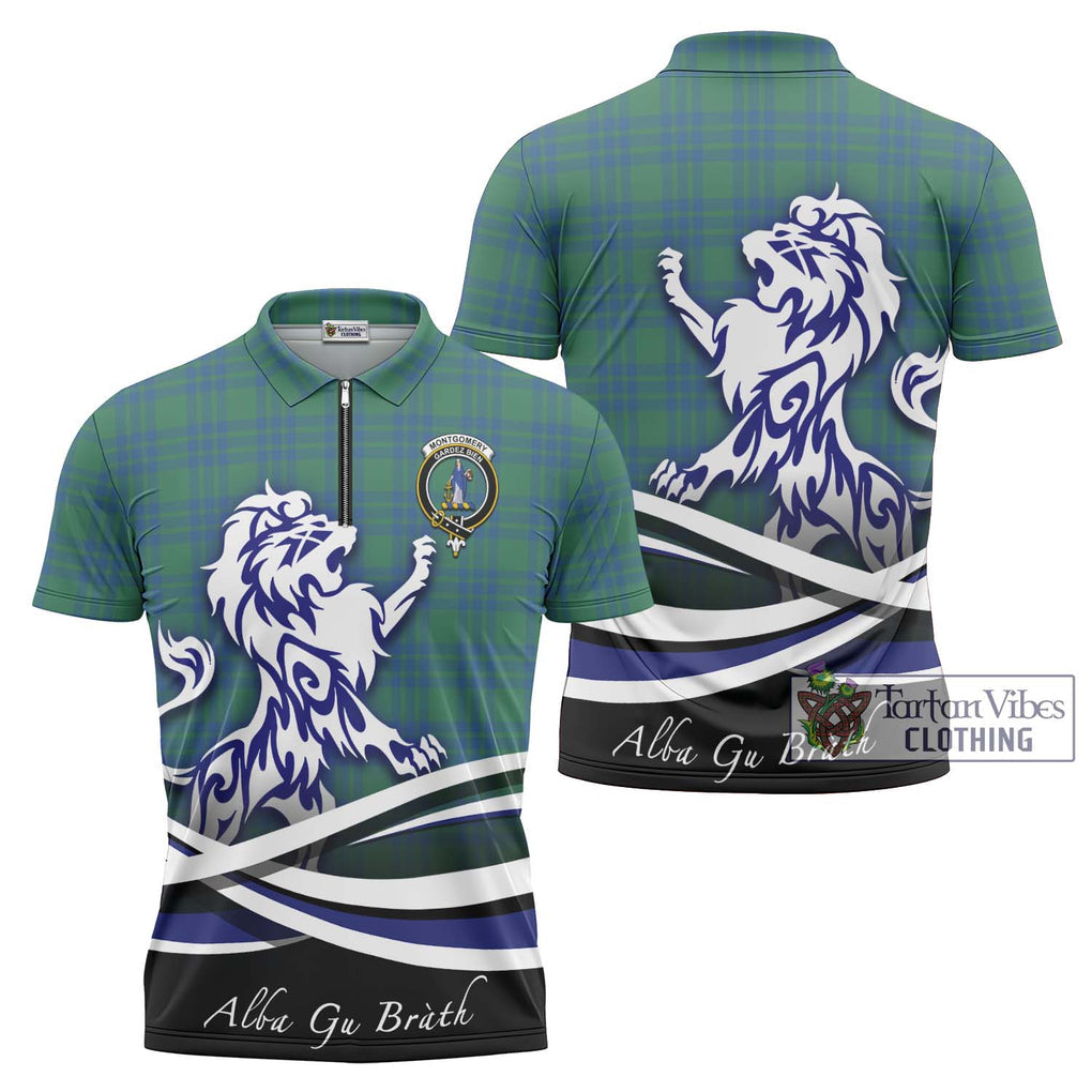 Montgomery Ancient Tartan Zipper Polo Shirt with Alba Gu Brath Regal Lion Emblem Unisex - Tartanvibesclothing Shop