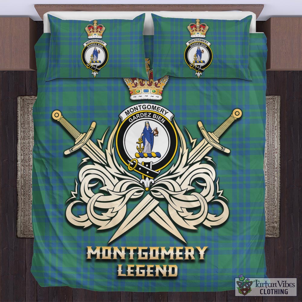 Tartan Vibes Clothing Montgomery Ancient Tartan Bedding Set with Clan Crest and the Golden Sword of Courageous Legacy