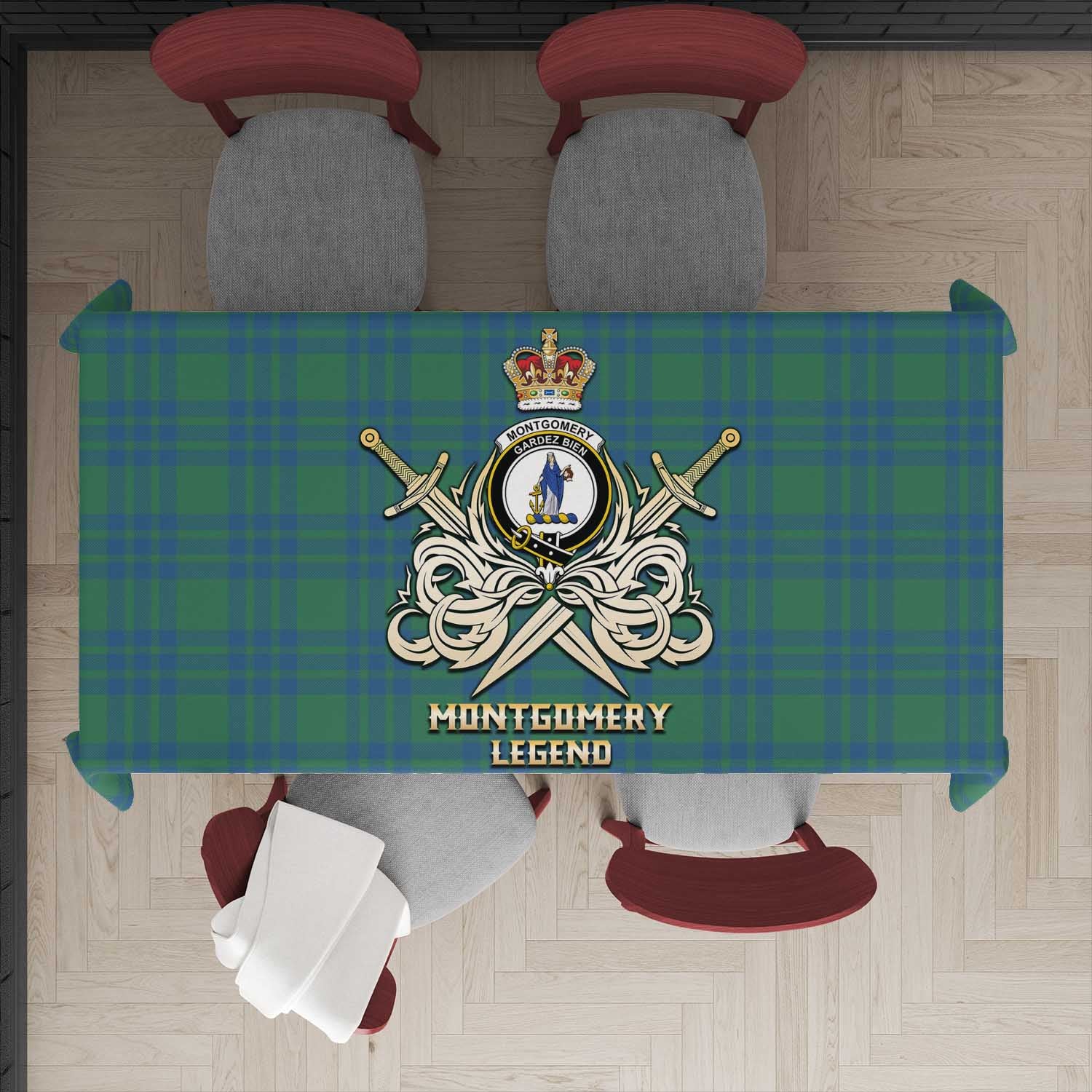 Tartan Vibes Clothing Montgomery Ancient Tartan Tablecloth with Clan Crest and the Golden Sword of Courageous Legacy