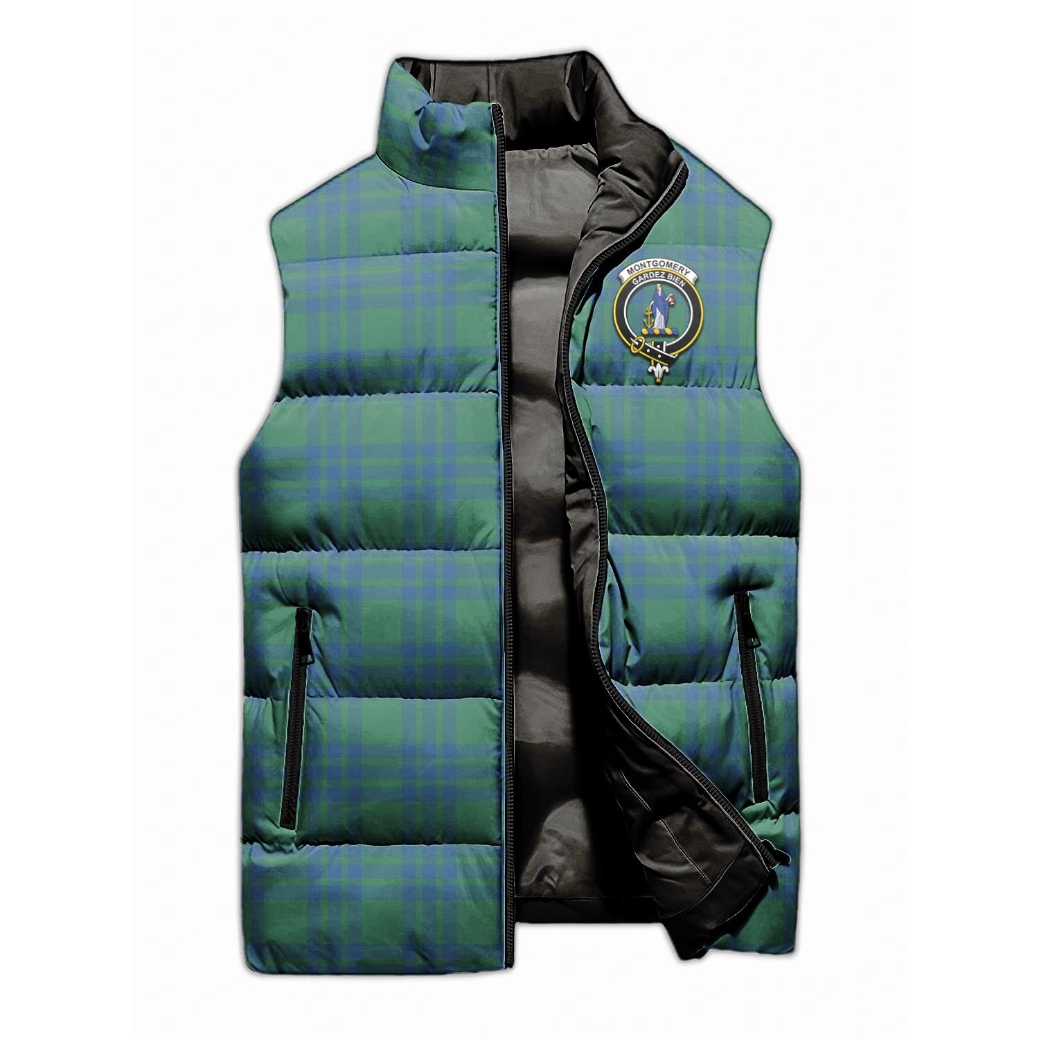 Montgomery Ancient Tartan Sleeveless Puffer Jacket with Family Crest - Tartanvibesclothing