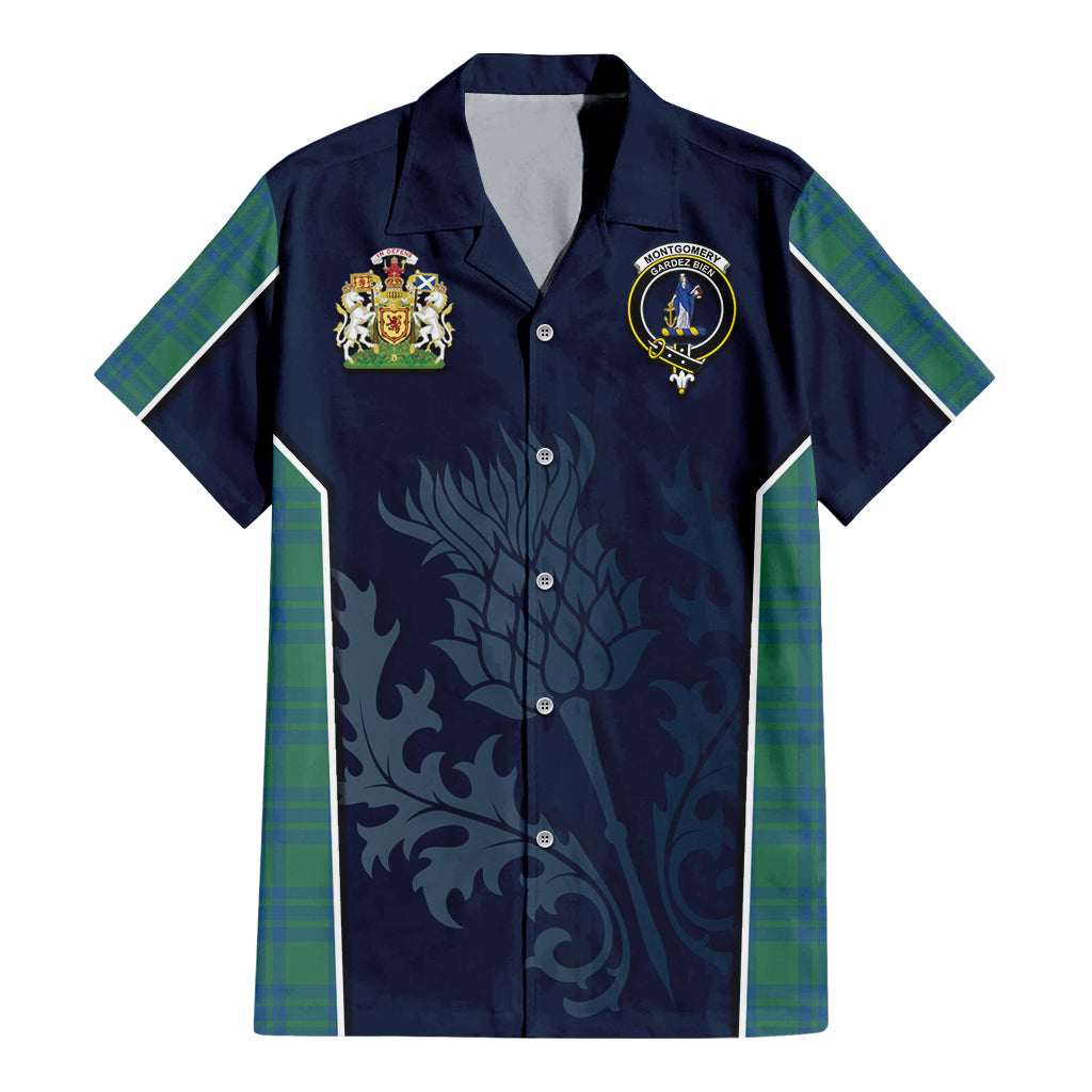 Tartan Vibes Clothing Montgomery Ancient Tartan Short Sleeve Button Up Shirt with Family Crest and Scottish Thistle Vibes Sport Style