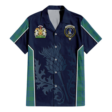 Montgomery Ancient Tartan Short Sleeve Button Up Shirt with Family Crest and Scottish Thistle Vibes Sport Style