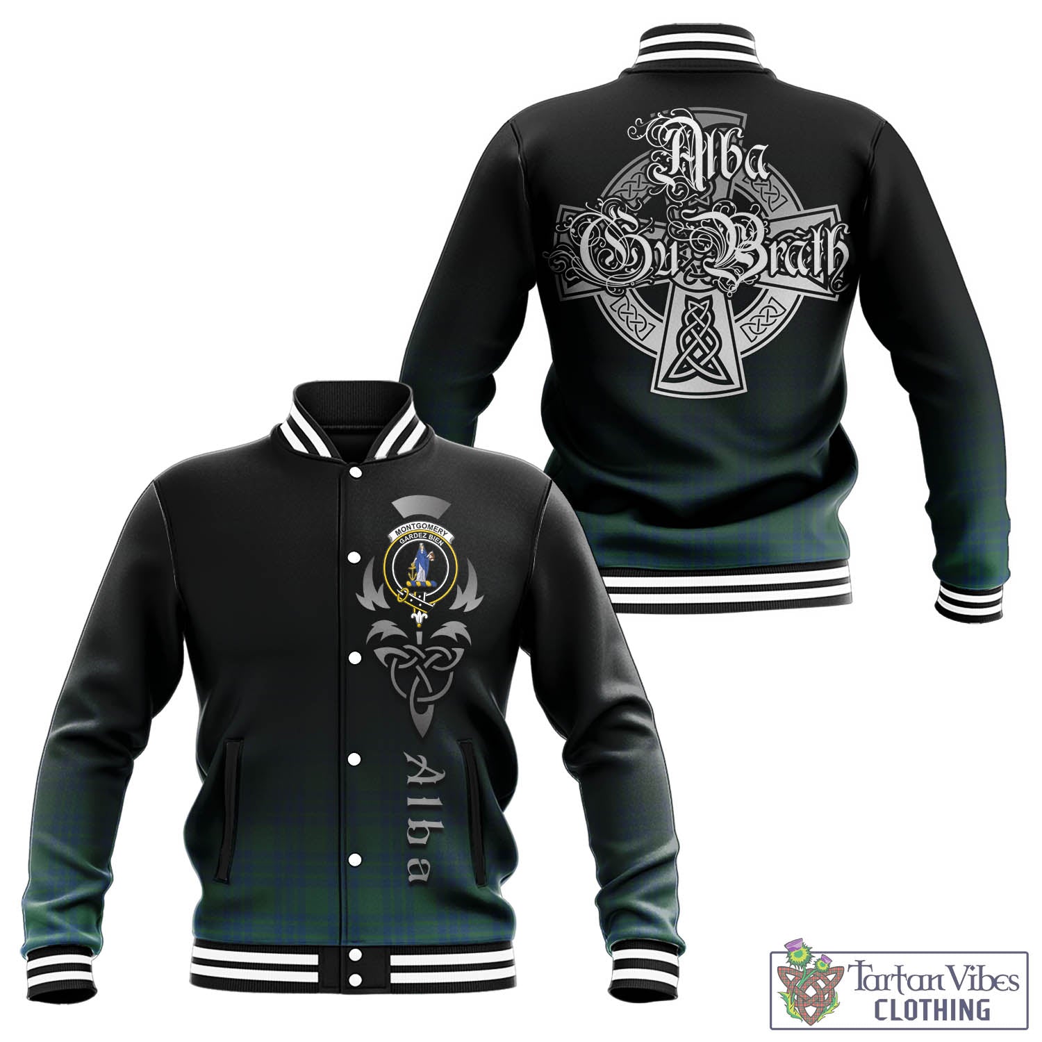 Tartan Vibes Clothing Montgomery Ancient Tartan Baseball Jacket Featuring Alba Gu Brath Family Crest Celtic Inspired