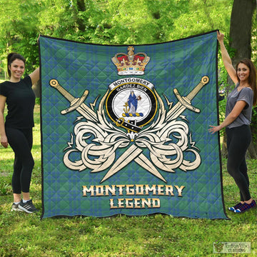 Montgomery Ancient Tartan Quilt with Clan Crest and the Golden Sword of Courageous Legacy