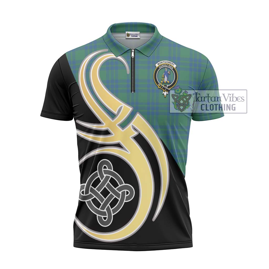 Tartan Vibes Clothing Montgomery Ancient Tartan Zipper Polo Shirt with Family Crest and Celtic Symbol Style