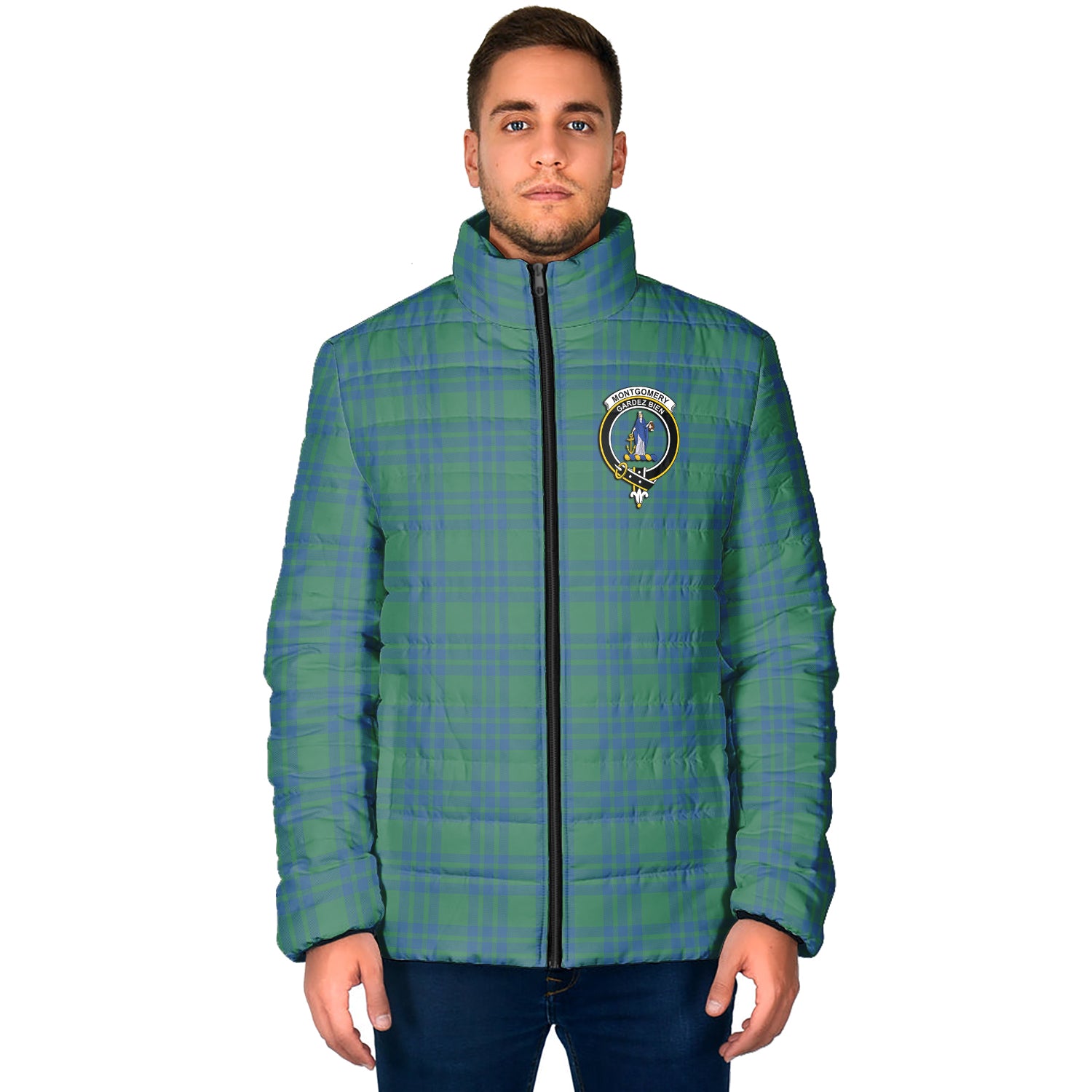 Montgomery Ancient Tartan Padded Jacket with Family Crest - Tartan Vibes Clothing