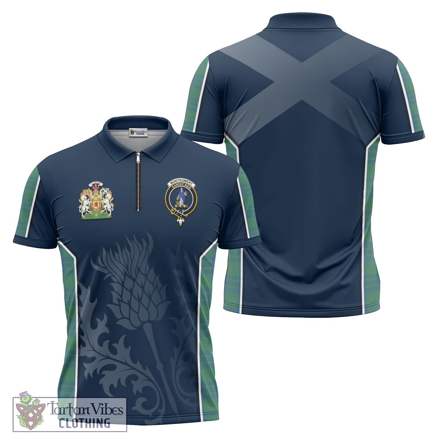 Tartan Vibes Clothing Montgomery Ancient Tartan Zipper Polo Shirt with Family Crest and Scottish Thistle Vibes Sport Style