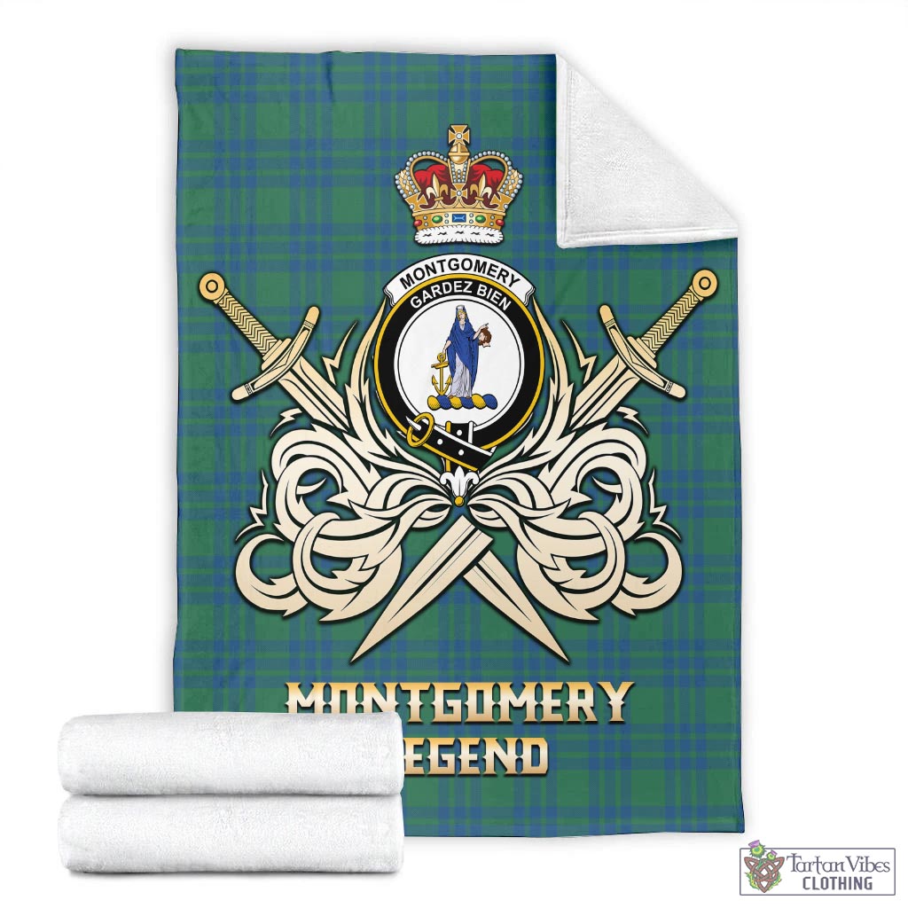 Tartan Vibes Clothing Montgomery Ancient Tartan Blanket with Clan Crest and the Golden Sword of Courageous Legacy