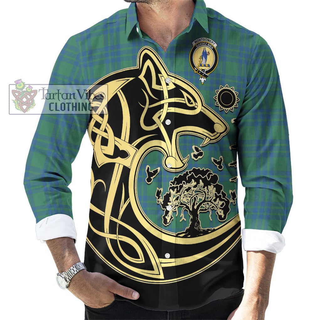 Montgomery Ancient Tartan Long Sleeve Button Shirt with Family Crest Celtic Wolf Style - Tartan Vibes Clothing