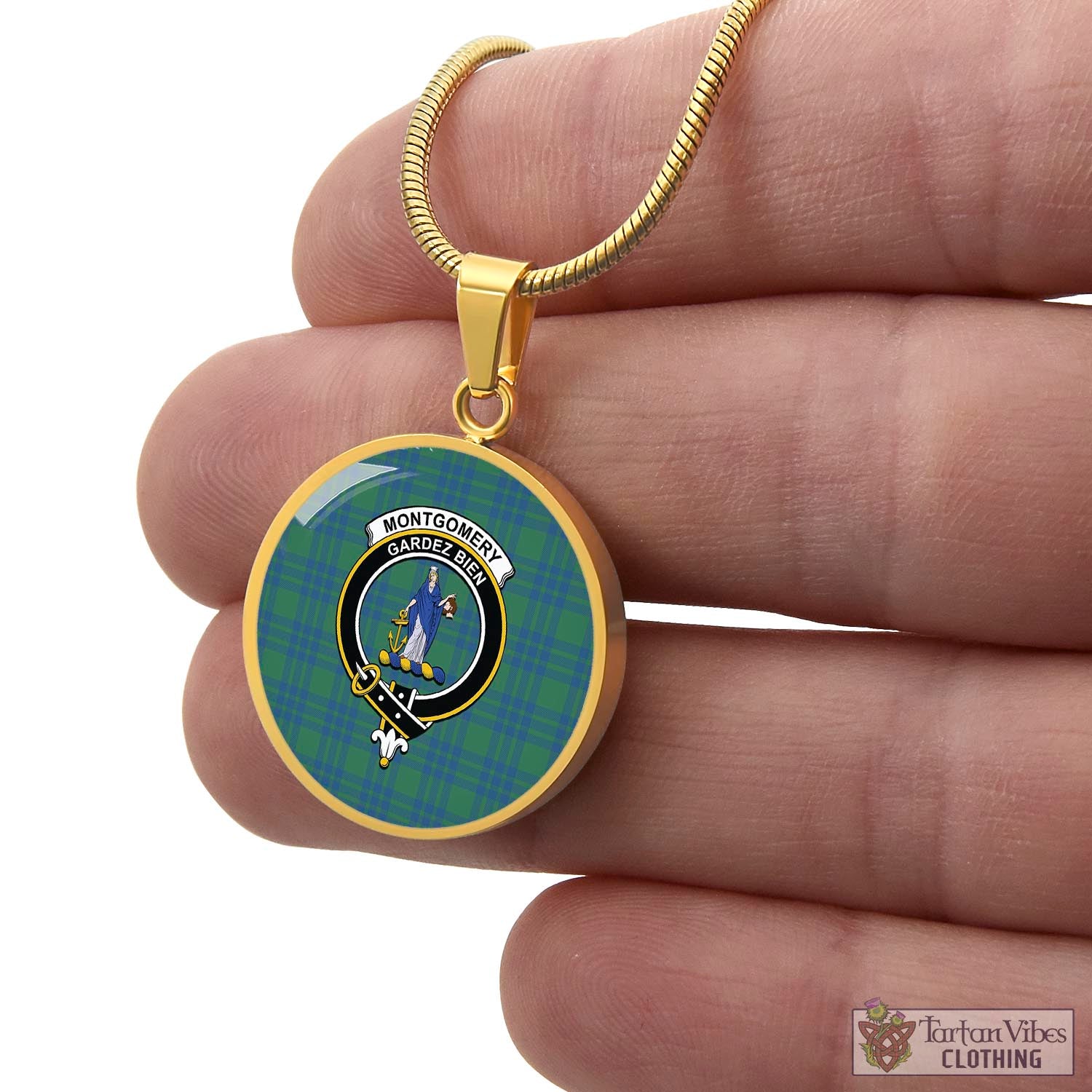 Tartan Vibes Clothing Montgomery Ancient Tartan Circle Necklace with Family Crest