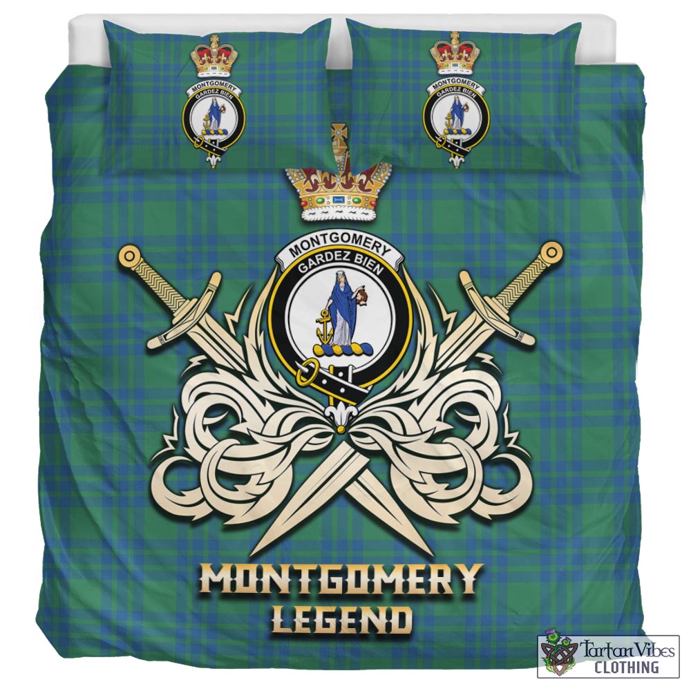 Tartan Vibes Clothing Montgomery Ancient Tartan Bedding Set with Clan Crest and the Golden Sword of Courageous Legacy