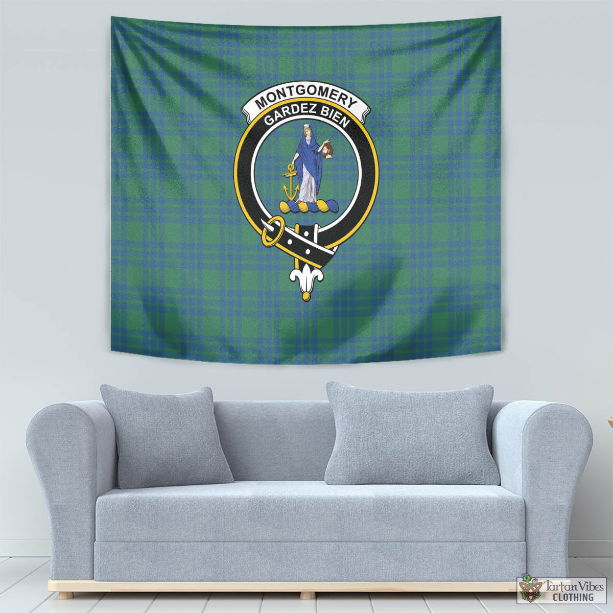 Tartan Vibes Clothing Montgomery Ancient Tartan Tapestry Wall Hanging and Home Decor for Room with Family Crest