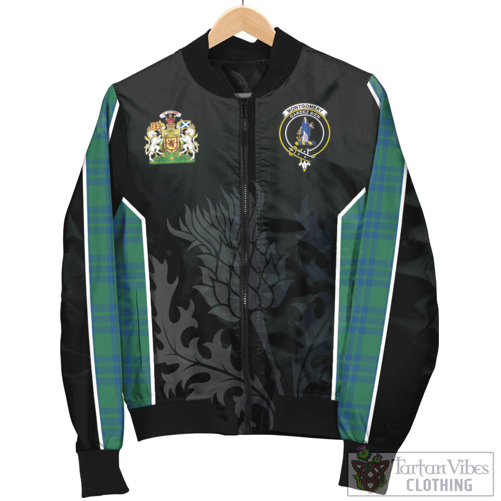 Tartan Vibes Clothing Montgomery Ancient Tartan Bomber Jacket with Family Crest and Scottish Thistle Vibes Sport Style