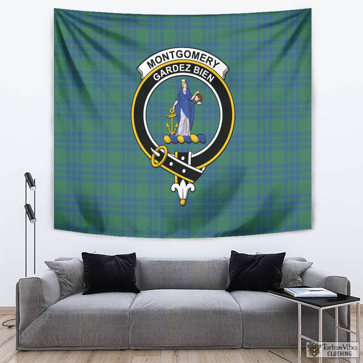 Tartan Vibes Clothing Montgomery Ancient Tartan Tapestry Wall Hanging and Home Decor for Room with Family Crest