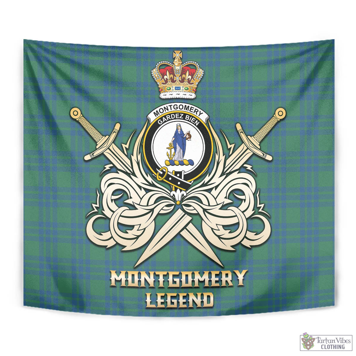 Tartan Vibes Clothing Montgomery Ancient Tartan Tapestry with Clan Crest and the Golden Sword of Courageous Legacy