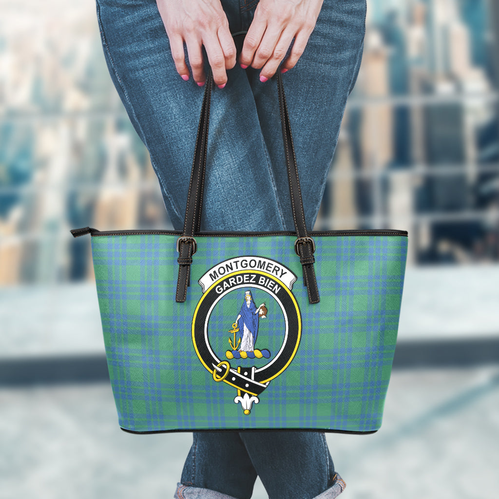 Montgomery Ancient Tartan Leather Tote Bag with Family Crest - Tartan Vibes Clothing