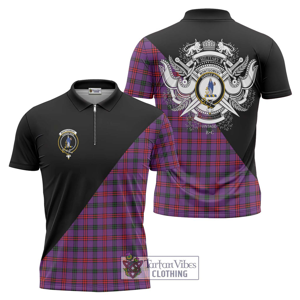 Montgomery Tartan Zipper Polo Shirt with Family Crest and Military Logo Style Unisex - Tartanvibesclothing Shop