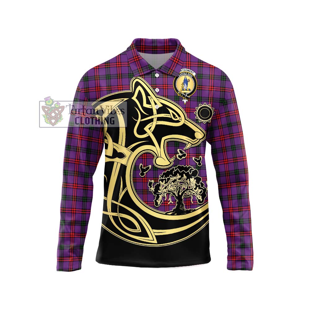 Montgomery Tartan Long Sleeve Polo Shirt with Family Crest Celtic Wolf Style Unisex - Tartanvibesclothing Shop