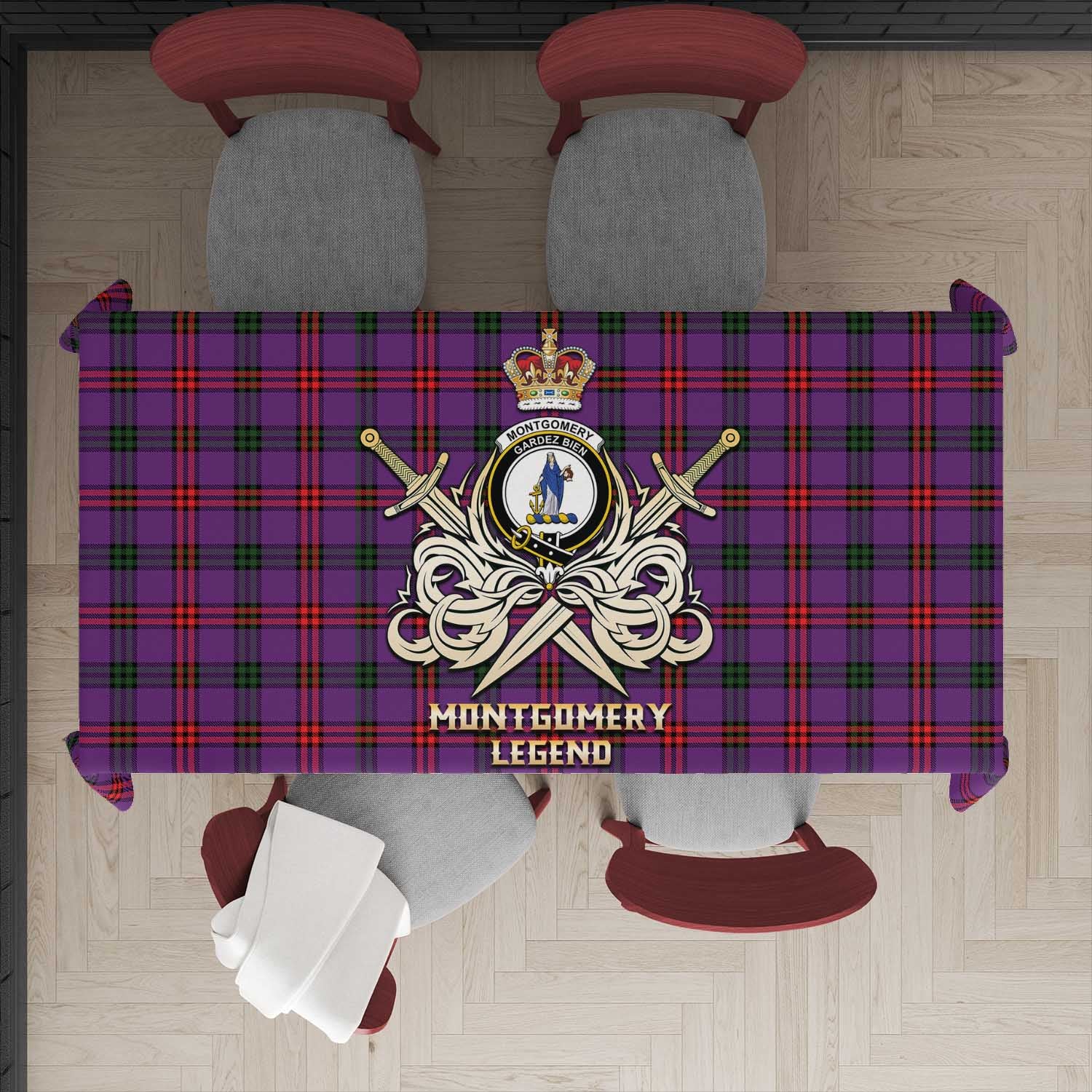 Tartan Vibes Clothing Montgomery Modern Tartan Tablecloth with Clan Crest and the Golden Sword of Courageous Legacy